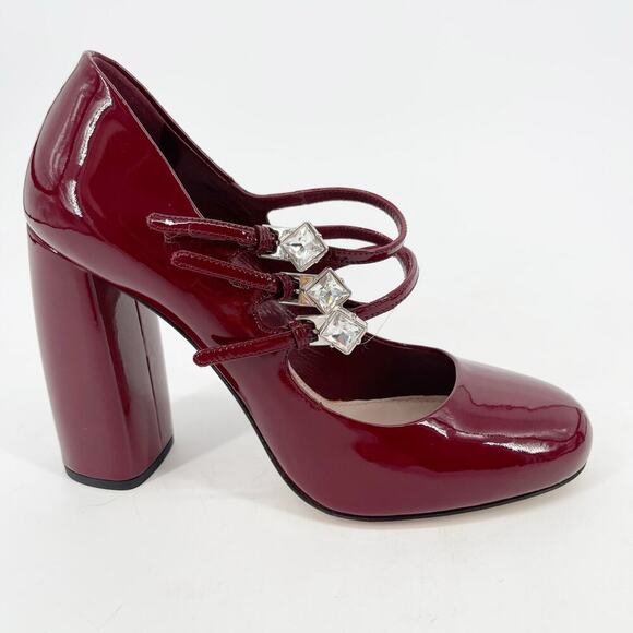 Miu Miu Burgundy Patent Leather Crystal Strap Mary Jane Block Heel Pump IT 36 - Picture 2 of 13